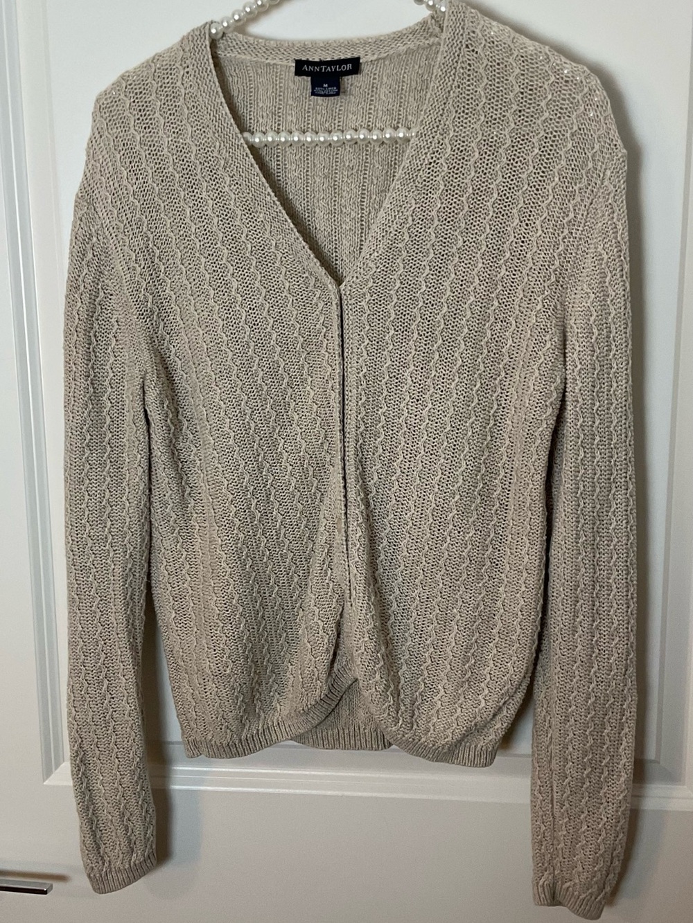 Ann Taylor Beige Open-Knit V-Neck Cardigan Sweater